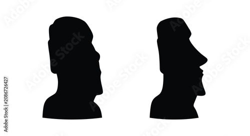 Bild auf Leinwand Two Moai Head Silhouettes Depicting Ancient Statues Against A White Background S