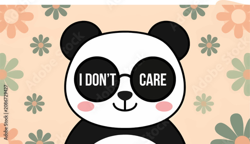 Foto Cute Flat Vector Panda Wearing Oversized Sunglasses with I Don't Care Text, Su