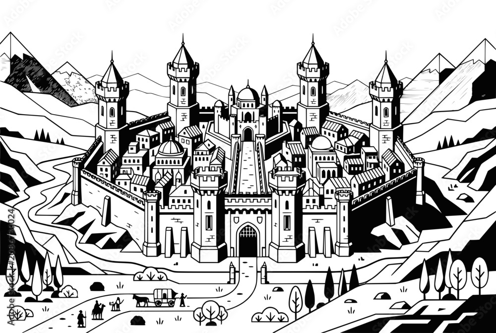 Naklejka premium Medieval Fantasy Castle Town Landscape Illustration with Mountains and Path
