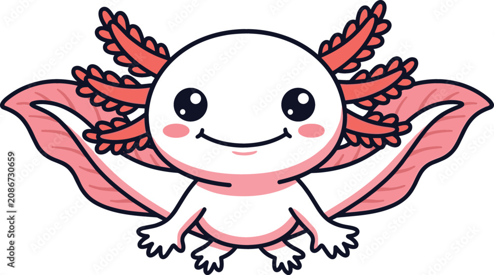 Fototapeta premium Cute Cartoon Axolotl Character Clipart Vector Featuring Friendly Kawaii Mexican Walking Fish Mascot with Large Glistening Eyes Pink Feathery External Gills and Smiling Expression