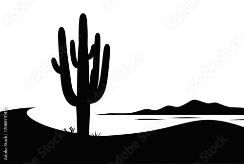 Desert landscape with saguaro cactus silhouette, mountains and lake in minimalist black and white vector art