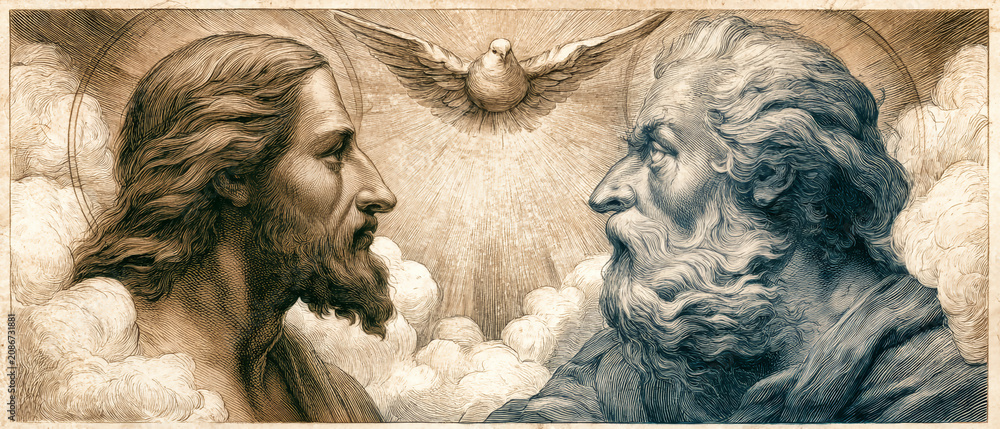 Obraz premium Jesus Christ and God the Father face each other with the Holy Spirit as a dove above. The scene features clouds and rays of light, creating a sacred atmosphere