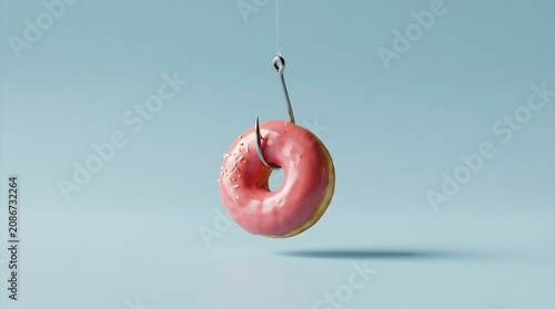 Pink glazed donut with sprinkles hanging from a metal fishing hook on a light blue background