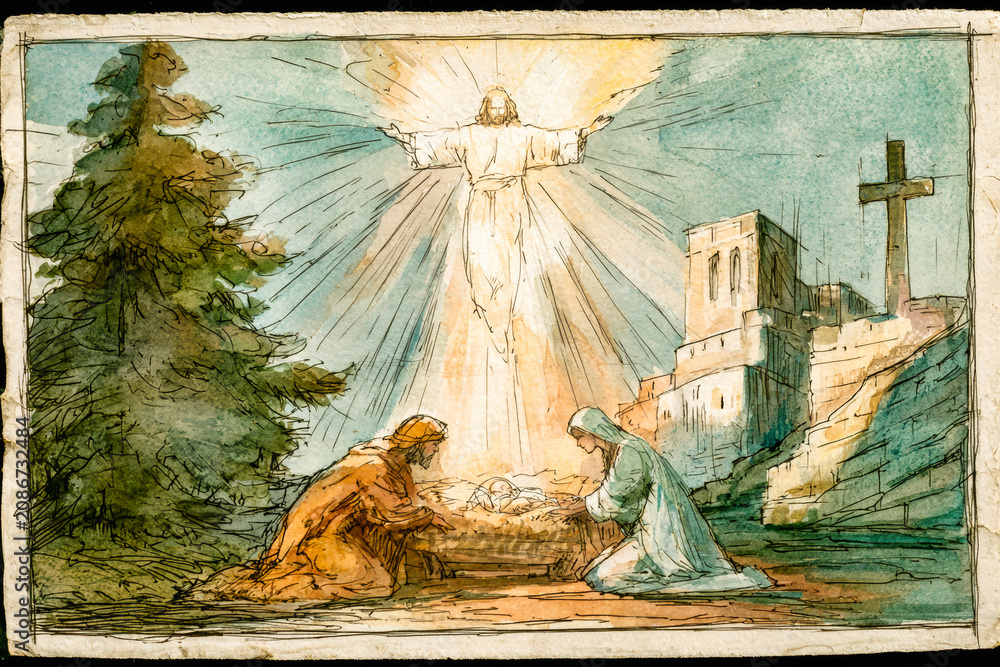 Obraz premium Mary and Joseph kneel beside the newborn Jesus in a stable. A bright figure appears above them. A stone structure stands in the background