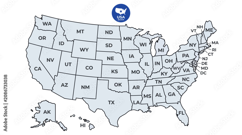 Obraz premium Outline map of United States with state abbreviations.