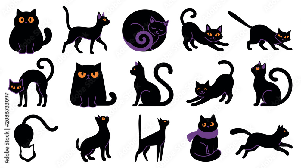 Fototapeta premium Halloween black cats in various poses and styles, illustration