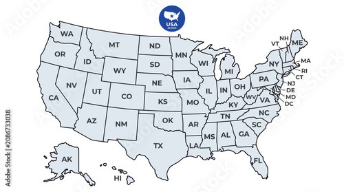 Obraz na płótnie Outline map of United States with state abbreviations.