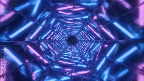 Futuristic Hexagonal Tunnel with Glowing Neon Lights and Abstract Digital Motion.