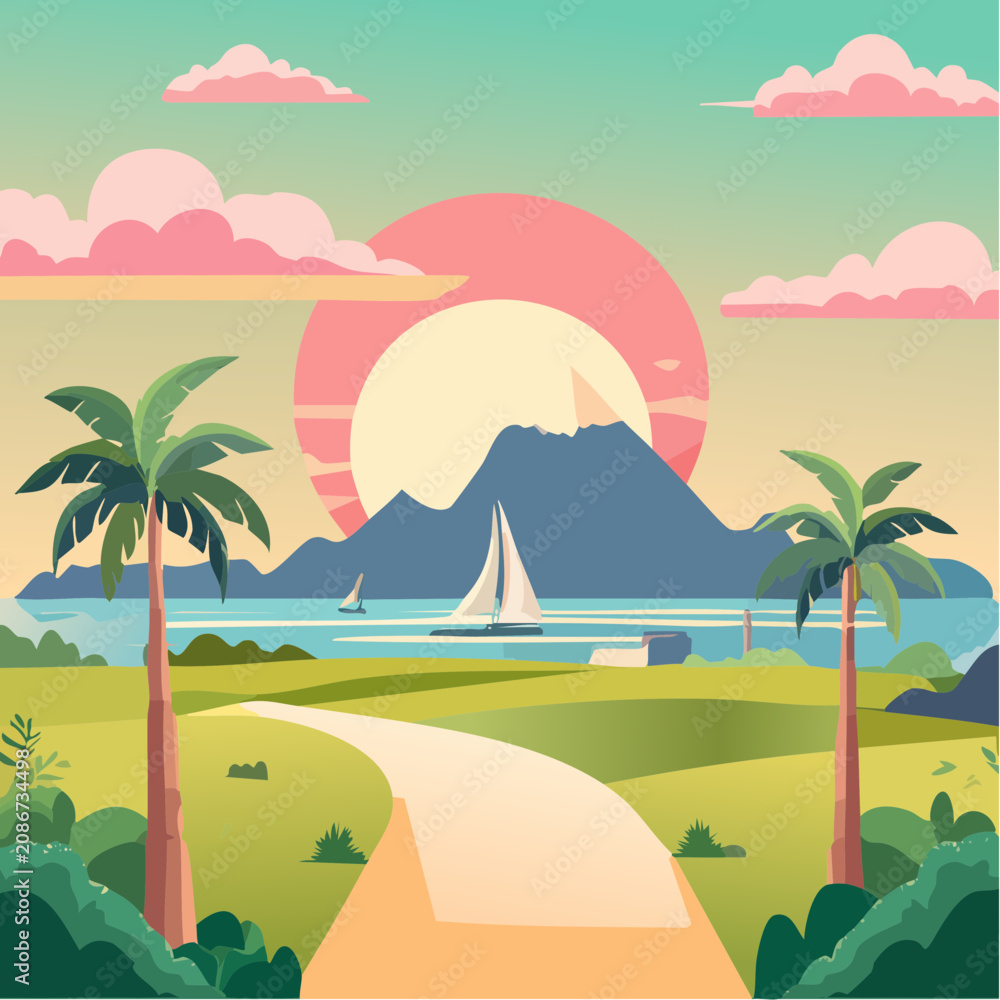 Obraz premium Tropical path to a bay with sailboat and pink sun