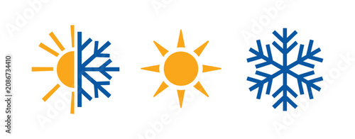 Sun and snowflake icon set, climate change symbol, hot and cold temperature contrast, vector illustration, editable stroke, PNG