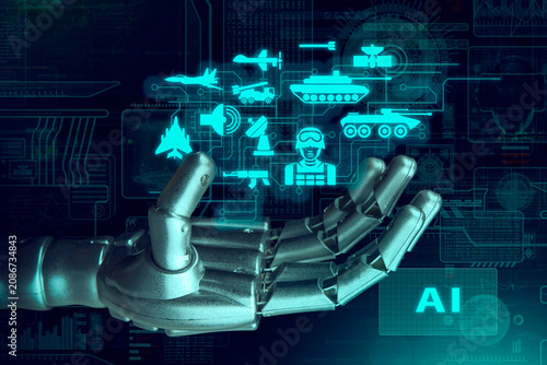 Canvastavla Robotic hand interacting with a digital display showing various military equipment and data visualization in a dark environment