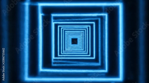 Neon Blue Square Tunnel Background.