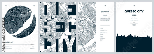 Set of travel posters design with street plan Quebec City is the capital of the Canadian province of Quebec, Silhouette city skyline, vector artwork, Monochrome printable detailed urban city map