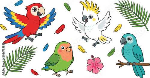 Cute tropical parrot clipart collection featuring macaw cockatoo lovebird blue parrot palm leaves and hibiscus flower vector illustration set