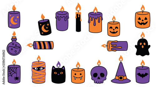 Colorful Halloween Pumpkin and Candle Decorations Flat Lay Top View.eps