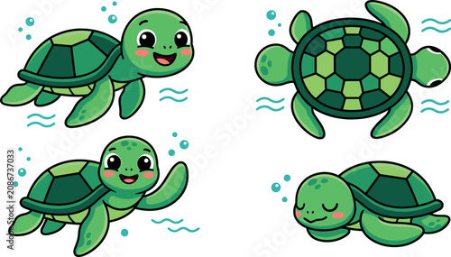 Bild auf Leinwand Cute Sea Turtle Character Clipart Asset Collection Vector Featuring Kawaii Green