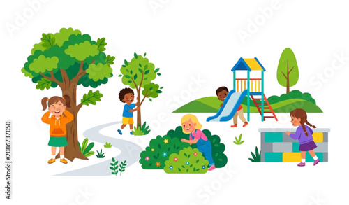 Quadro su tela Outdoor Hide and Seek Game for Kids in Park with Trees and Hiding Spots Flat Vec