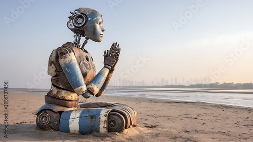 Small blue toy robot with white eyes sitting on sandy beach near ocean waves