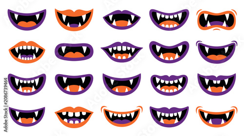 Halloween vampire teeth set with glowing orange eyes. Spooky cartoon fangs collection for party decorations and horror designs.