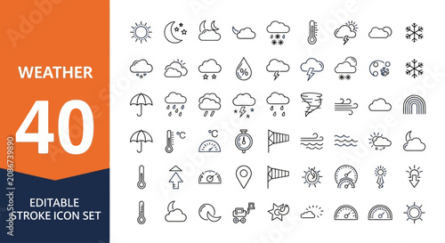 A vector illustration of various weather icons on a white background for design use.