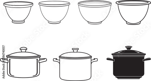 Set of cooking bowls and pots with lids illustration