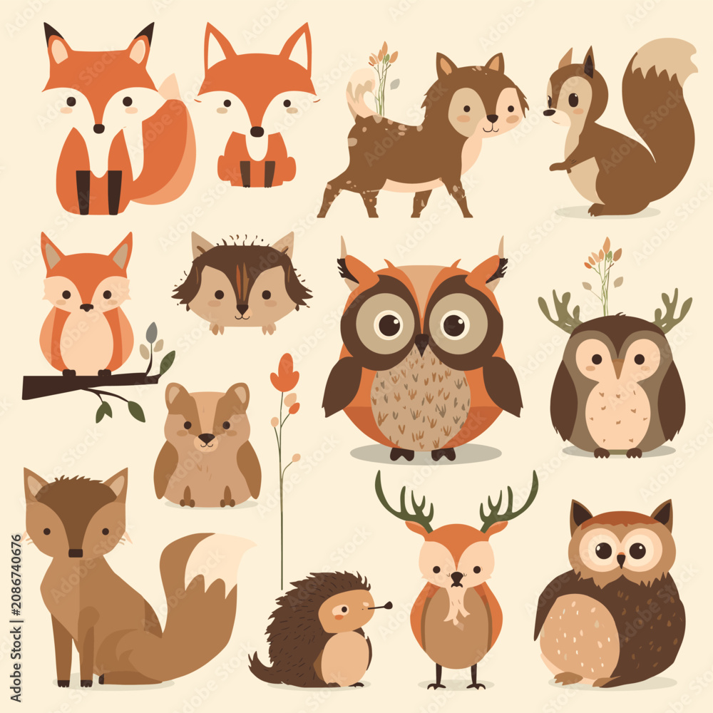 Fototapeta premium Collection of cute stylized forest animals in warm earthy tones, featuring foxes, owls, squirrels, deer, and hedgehogs.