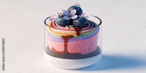 Thai rolled ice cream in a cup, topped with blueberries and edible flowers, street food aesthetic, vibrant colors.

