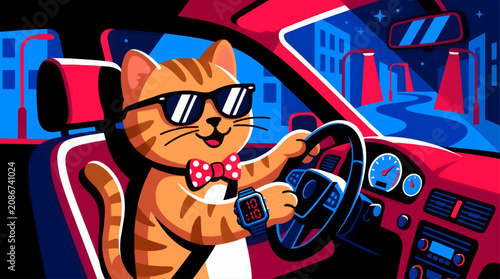 Bild auf Leinwand Cute Cartoon Tabby Cat Wearing Trendy Sunglasses and Bow Tie Driving a Car at Ni