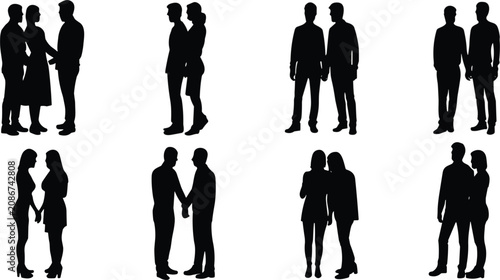 Photos Collection of black silhouettes of couples standing and interacting, showing var