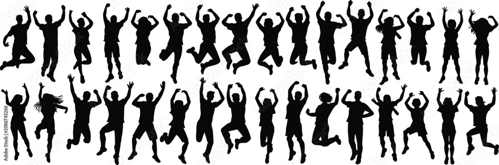 Fototapeta premium Large collection of happy people silhouettes jumping and celebrating isolated on a white background, for success and, joy themed concepts