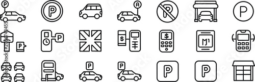 Foto Set of black and white outline related to parking, cars, garages, and payment te