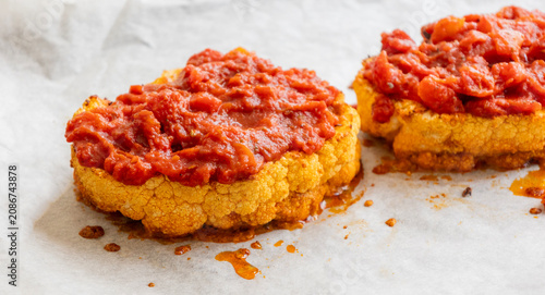 Close-up of golden roasted cauliflower steaks baked in a sheet pan, smothered with rich herb tomato sauce