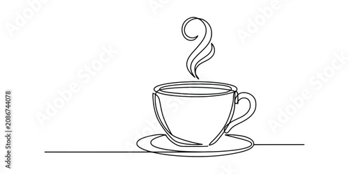 Canvastavla Continuous single line drawing of a steaming hot coffee cup on a saucer Vector,