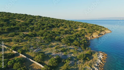 Aerial View of the Rocky Coast of Krk Island with Sparse Mediterranean Vegetation, Croatia