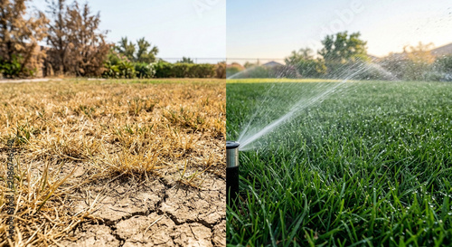 Before and After Transformation of Dry Grass by a Sprinkler