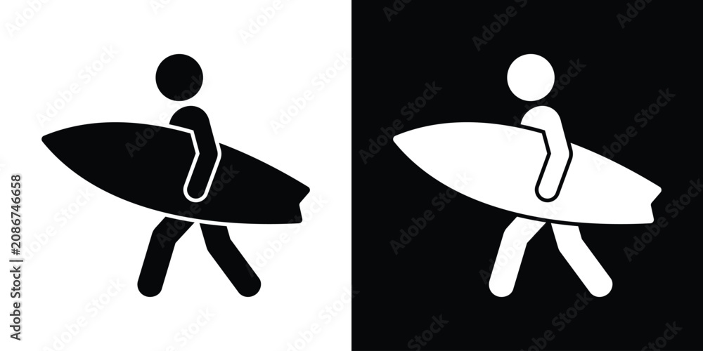 Obraz premium Stick figure vector icon of a person walking with a surfboard. Available in black and white styles, symbolizing surfing, summer sports, beach vacation, and active recreation.