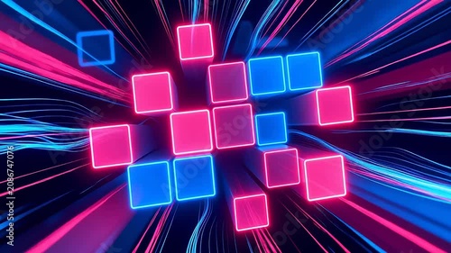 Neon cubes and light streaks in vibrant colors