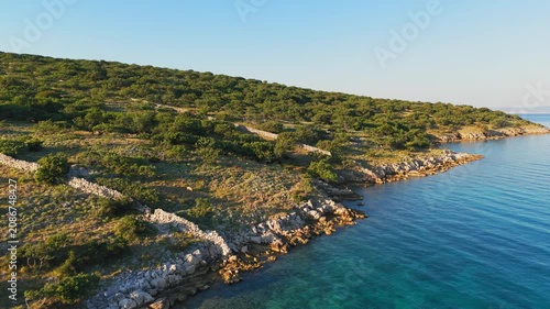 Aerial View of the Rocky Coast of Krk Island with Sparse Mediterranean Vegetation, Croatia