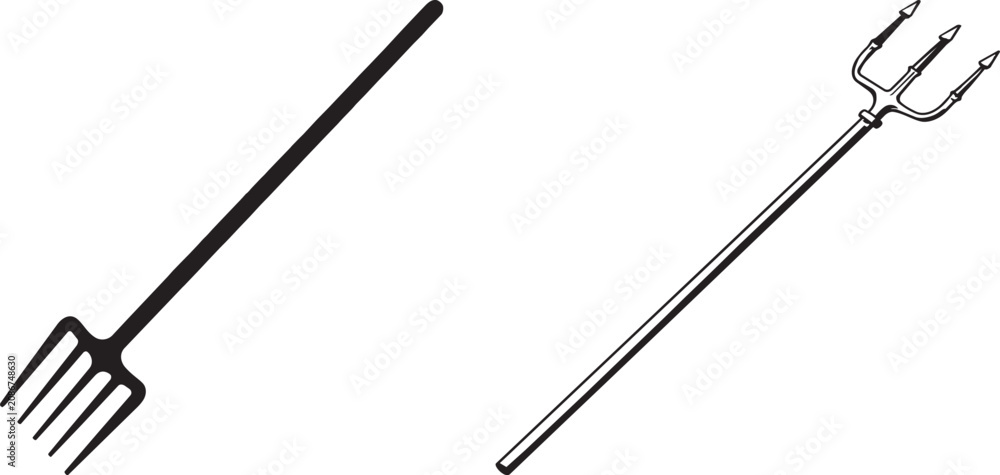 Obraz premium Black farming tools pitchfork and trident icon set