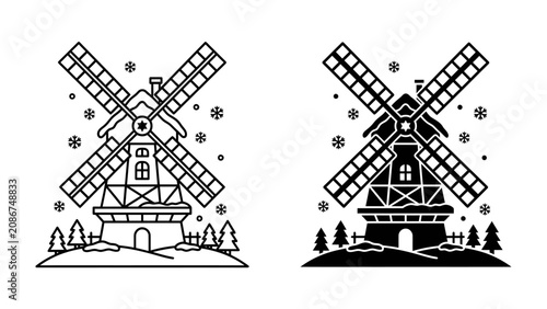 Quadro su tela Winter Mill: A charming windmill stands tall against a backdrop of gentle snowfall, surrounded by quaint trees and a snow-covered landscape, evoking a sense of rustic tranquility and winter charm