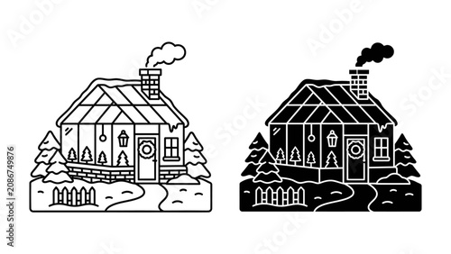 Tableau sur toile Cozy Winter Cottage Illustration: A charming line-art illustration depicts a quaint cottage nestled amidst snow-dusted pine trees, with smoke curling from its chimney