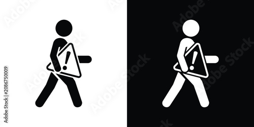 Foto Black and white stock vector icon of a person walking while holding a triangular warning attention sign with an exclamation mark, representing safety and caution