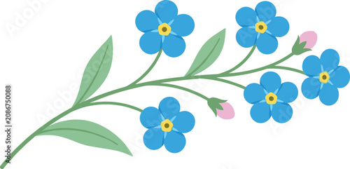 Принти на полотні Blooming Blue Forget Me Not Flower Branch Vector Clipart Featuring Flat Cartoon