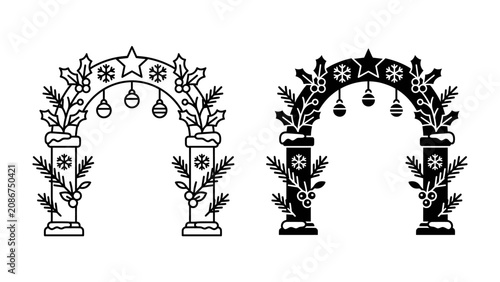 Valokuva Christmas Archway Icon: Two stylized archways decorated for the festive Christmas season, one in outline and one in silhouette, adorned with holly, snowflakes, and ornaments