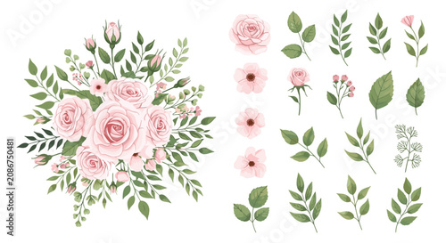 Sophisticated pink rose floral arrangements and various botanical elements like green leaves and buds for romantic wedding designs.