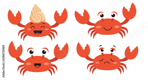 Set of four cute red crab characters expressing different facial emotions like happiness, laughter, sadness, and curiosity.