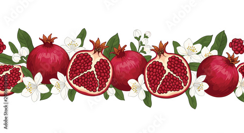 Decorative horizontal floral border made of ripe pomegranates, fruit halves, seeds, and delicate white jasmine flower blossoms.