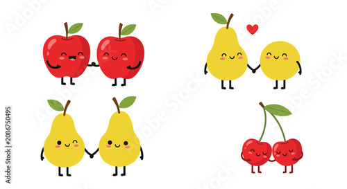 Cute fruit pairs showing affection like happy red apples, yellow pears, and cherries holding hands with smiling faces.