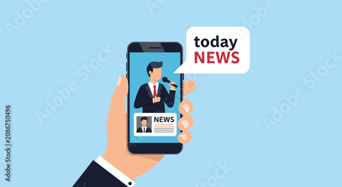Human hand holding a mobile phone screen displaying a news broadcast with a reporter and a headline about today's latest news.