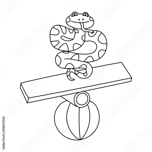 Foto Hand drawn illustration of a cute circus snake performing a balance trick on a see-saw board over a big ball isolated on a white background